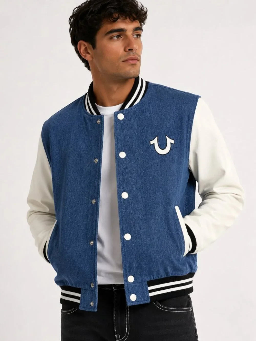 True Religion Quad Buddha Denim Varsity Jacket Men’s S Denim Winter White NWT